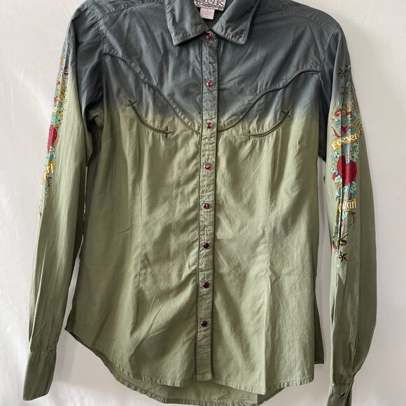 Pink Cattlelac Womens Green Pearl Snap Cowgirl Western Button Up Shirt Size S - Picture 1 of 8